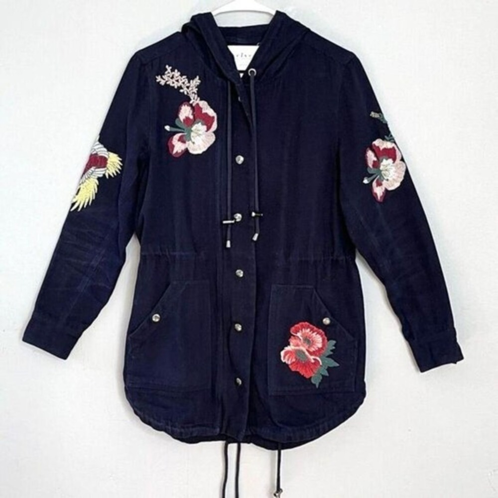 Velvet By Graham Embroidered Military Hood Jacket Floral Appliques Size XS Navy